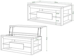 Mazzoni FRAME Fehér Matt/Fekete Matt - MODERN DOHÁNYZÓASZTAL MEGEMELHETŐ ASZTALLAPPAL + TÁROLÓRÉSSZEL + POLCCAL