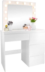 Fehér fésülködőasztal világítással és 4 fiókkal 94 cm x 43 cm x 140 cm
