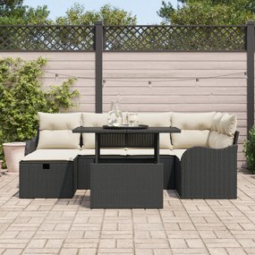 7 Darabos Kerti Sofaszett Párnákkal Fekete Poli Rattan, 2 Személyes Kerti Sofa Tárolóval és Párnákkal Fekete Poli Rattan