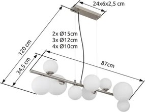 Globo 56140-9H Függeszték fém matt nikkel, üveg fehér, kábel PVC átlátszó, HxSzxM: 870x345x1200mm, üveg átmérő: 4x10cm, 3x12cm, 2x15 cm, benne 9x G9 LED 3.5W 230V, 350lm forrás, 310lm kimenet, 3000K