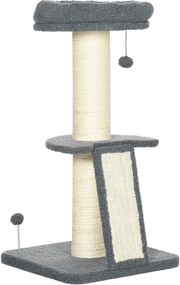 PawHut Macska Kaptár 92H cm Mászófa Karcoló Deszkával és Játék Labdával Vastag Zsákvászon Oszloppal Macska Bútor Rámpával Műszőrme Sötétszürke + Kréms