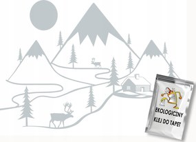 Fotótapéta Flizelina Tájkép Hegyek Erdő Kunyhó Jávorszarvas Scandi Szürke 200x140 ragasztó