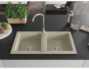 Mexen Mario, 2 kamrás gránit mosogató 820x436x161 mm és Telma króm mosogató csaptelep, bézs, 6504-69-670200-00