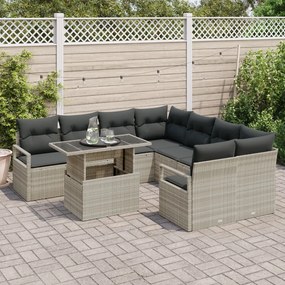 9 darabos kert kanapészett párnákkal világosszürke poli rattan, 2 fős kert kanapé párnákkal szürke poli rattan