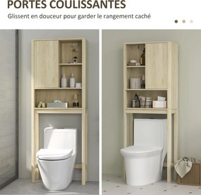 HOMCOM WC fölötti tárolószekrény – Fürdőszobai tárolószekrény csúszóajtóval, rekeszekkel és állítható polccal, 65 x 25 x 170 cm, Természetes fa | Aoso