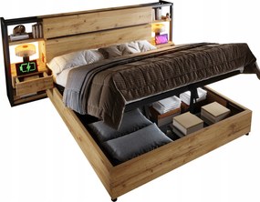 Kétszemélyes ágy 160×200CM Hidraulikus Fiókos Éjjeliszekrény Led Usb-c tölgy