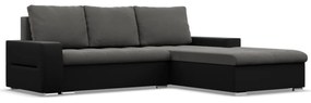 Toronto sarokkanapé, 2 ágyneműtartóval, bársony + műbőr, jobboldali, szürke - fekete