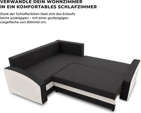 Grande sarokkanapé polcokkal , polc a jobb karfaban, baloldali, szövet anyag, hab töltet, fekete - fehér
