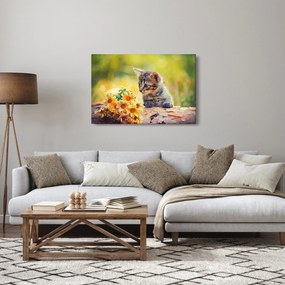 Macska képe ahogy a virágot nézi (90x60 cm)