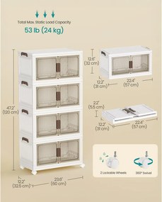 SONGMICS 4 szintes gurulós tárolórendszerező tetővel, 220 L, fehér