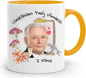 Sárga Vicces Bögre Jaroslaw Kaczynski felirattal, fényképpel