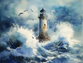 Vászonkép Canvas Világítótorony Tenger Víz Hullámok Vihar Sirályok 100x75