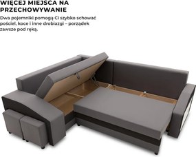 Grande sarokkanapé polcokkal és puffokkal , polc a jobb karfaban puffok a bal karfaban, baloldali, szövet anyag, bonell töltet, szürke - fekete