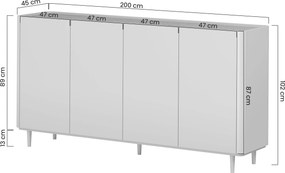 Elivo komód 200 cm négyajtós lábakon - kasmír / olajozott tölgy