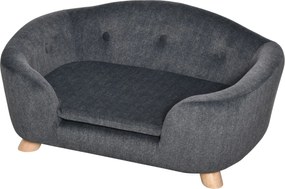 PawHut Kiskutya Kanapé, Kutya Ágy, Macska Kanapé Párnával, Hátsó Zseb Plüss Hab, Fenyő Fa, Sötétszürke 70 x 47 x 30 cm | Aosom