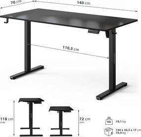 Állítható magasságú íróasztal Nojo Light 140 cm x 60 cm fekete