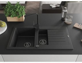 Mexen Matias, gránit mosogató 900x505x200 mm, 1,5 kamrás és fekete csaptelep Rita, fekete foltos, 6502-73-670300-70-B