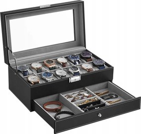 Óratartó doboz 12 rekesszel, üveg fedéllel, Ajándék 2 szint