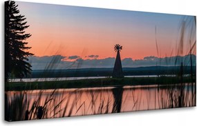 Vászonkép Szélmalom Ég Természet Naplemente Tó Fű 80x40