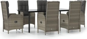 vidaXL 7 részes fekete és szürke polyrattan kerti étkezőszett párnával