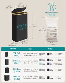 65l szennyeskosár fedéllel, keskeny kialakítás, 42 × 22,5 × 70,5 cm, fekete