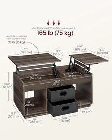 Dohányzóasztal, felemelhető asztallapos dohányzóasztal 2 fiókkal és rejtett rekesszel, hamvasbarna
