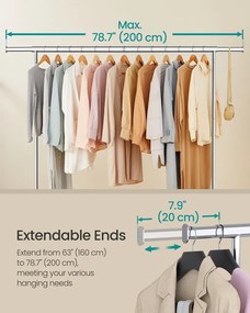 Ruhatartó állvány kerekekkel, 110 kg teherbírással, ezüst színben