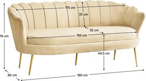 Luxus kanapé, 3 személyes, bézs Velvet szövet/arany, Art-deco, NOBLEO TYP 2