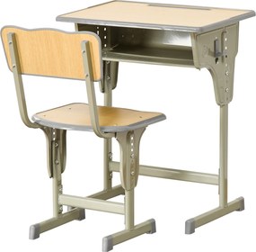 HOMCOM Gyermek Íróasztal és Szék Készlet 6 Éves Kor Felett Magasságban Állítható Gyermek Íróasztal Fiókkal és Akasztóval - Természetes | Aosom