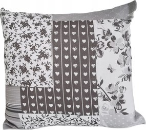 Pamut párnahuzat 40x40 szürke patchwork szív pillangók virágok
