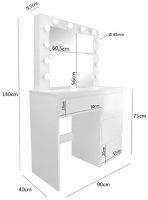 Fésülködőasztal 12 LED lámpával - fehér