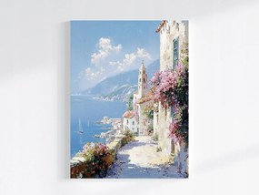 Vászonkép Canvas Tengerpart Város Hegyek Virágok Csónakok 60x80