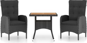 vidaXL 3 részes fekete polyrattan és akácfa kerti étkezőgarnitúra