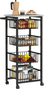 HOMCOM Konyhai Kocsi Zöldségállvány 4 Csúszó Kosárral és Acél Kerettel Mobil Kocsi Kerekekkel Étkezőbe 49.5x31x91 cm Világosszürke | Aosom