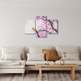 Kép - Madár egy fán rózsaszín virágokkal (90x60 cm)