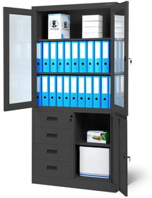 Fém iratszekrény vitrinnel és fiókokkal WIOLA, 900 x 1850 x 400 mm, antracit