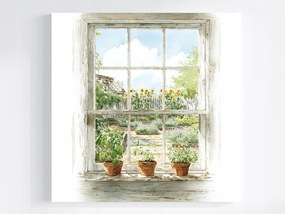 Vászonkép Canvas Ablak Kilátás Kert Virágok Napraforgók Gyógynövények 80x80