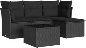 vidaXL 5 részes fekete polyrattan kerti kanapészett párnákkal