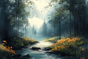 Vászonkép Canvas Természet Tájkép Erdő Folyó Patak Virágok Köd 60x40