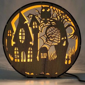 Fa Halloween lámpa - Kísértetház bagolyval | DRACO
