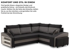 Grande sarokkanapé polcokkal és puffokkal , polc a bal karfaban puffok a jobb karfaban, jobboldali, szövet anyag, bonell töltet, fekete - szürke