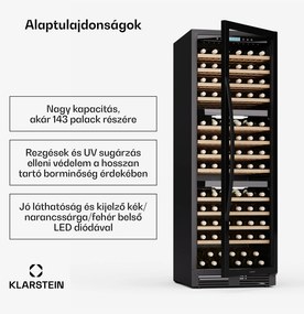 Klarstein Vinovilla Trio borhűtő, 143 palack, 3 zóna, 38 dB, 12 polc, kompresszor, 413 liter