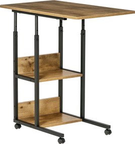 HOMCOM Ipari Stílusú C-alakú Nappali Asztal, Magasságállítható Éjjeliszekrény, 3 Polc és 4 Görgő Fékekkel, Régies Barna | Aosom