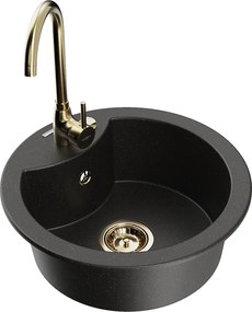 Mexen Diego gránit mosogató 1-medencés konyhai csappal Telma, fekete/arany - 6512-75-670200-50