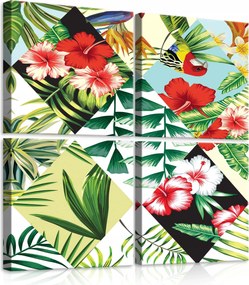 Vászonkép 50x50 Trópusok egzotikus levelek virágok hibiszkusz papagáj flamingó dzsungel