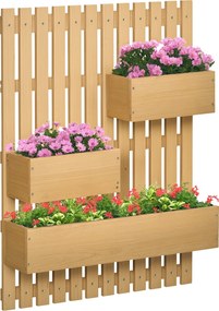 Outsunny Függőleges Fali Virágtartó Rácsos Fa Virágtartó 3 Mobil Csereppel és Draináló Nyílással Kerti Teraszhoz 60x16x80 cm Természetes | Aosom
