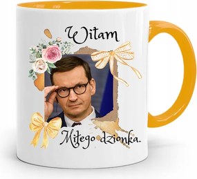 Sárga Politikus Bögre Mateusz Morawiecki Miniszterelnök fényképes nyomtatással