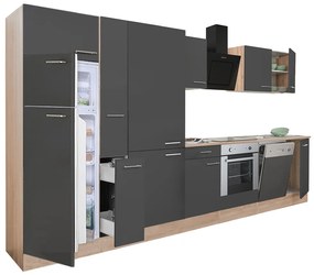 Yorki 370 konyhabútor sonoma tölgy korpusz,selyemfényű antracit front alsó sütős elemmel polcos szekrénnyel és felülfagyasztós hűtős szekrénnyel