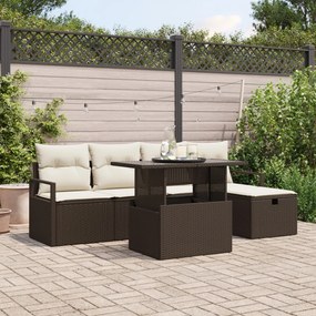 6 darabos Kerti Kanapészett Párnákkal Barna Poly Rattan, 2 személyes Kerti Kanapé Tárolóval & Párnákkal Barna Poly Rattan