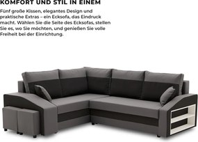 Grande sarokkanapé polcokkal és puffokkal , polc a jobb karfaban puffok a bal karfaban, baloldali, szövet anyag, hab töltet, szürke - fekete